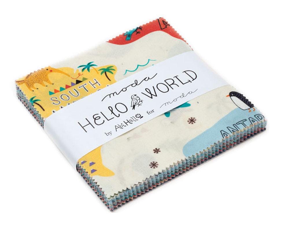 RARE Hello World - Children's World Map Animals 5" Charm Pack OOP, Moda 35300PP, 5" Precut Children's Novelty Fabric, Baby Quilt Fabric