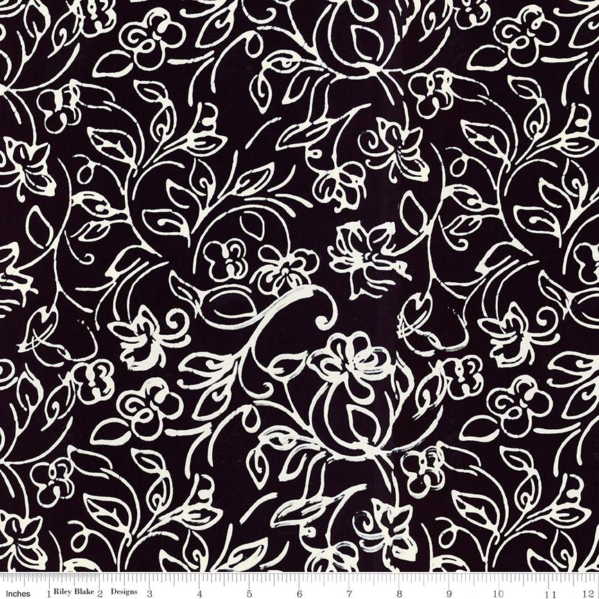 Expressions Batiks Flora Noire - Black Cream Floral Batik Fabric, Riley Blake BT23683-158 Onyx, By the Yard