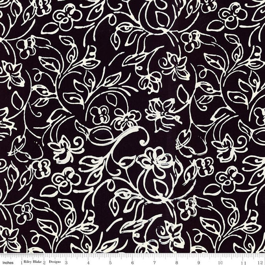 Expressions Batiks Flora Noire - Black Cream Floral Batik Fabric, Riley Blake BT23683-158 Onyx, By the Yard