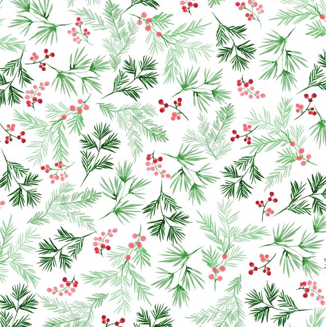 108" First Frost - Christmas Pine Berries on White Wide Quilt Back Fabric, P&B Textiles FFRW6299-W, Christmas Xmas 108" Fabric, By the Yard