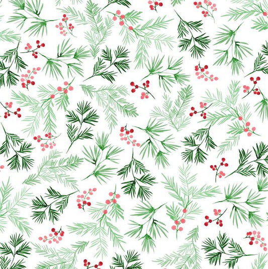 108" First Frost - Christmas Pine Berries on White Wide Quilt Back Fabric, P&B Textiles FFRW6299-W, Christmas Xmas 108" Fabric, By the Yard