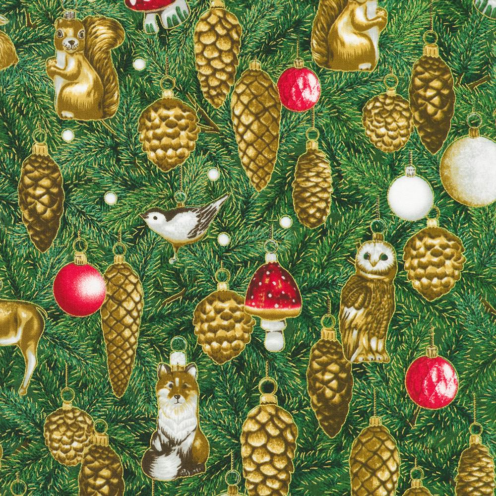Holiday Flourish Forest Glen 2.5" Roll Up, Robert Kaufman RU-1402-40, Precut 2.5" Gold Metallic Christmas Jelly Roll Fabric Strips