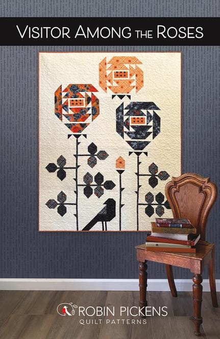 Visitor Among the Roses Quilt Pattern, Robin Pickens RPQPVAR173, FQ Fat Quarter Friendly Halloween Crow Flowers Lap Throw Quilt Pattern