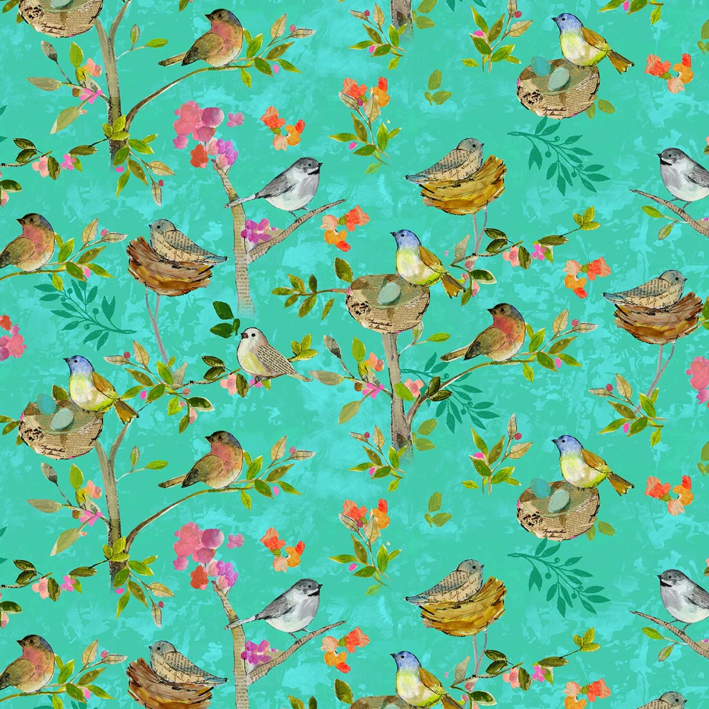 Feathered Friends Charm Pack OOP, Clothworks SQ0368, Multicolored Floral and Birds Charm Pack Fabric, 5" Precut Fabric Squares, Sue Zipkin