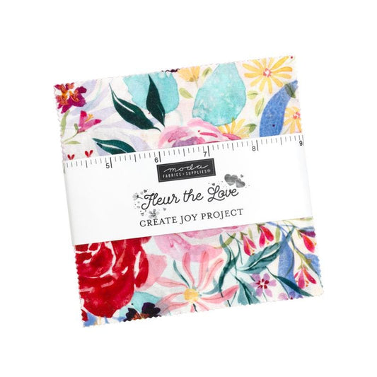 Fleur the Love 5" Charm Pack, Moda 39880PP, Precut 5" Watercolor Purple Teal Pink Floral Fabric Squares, Create Joy Project