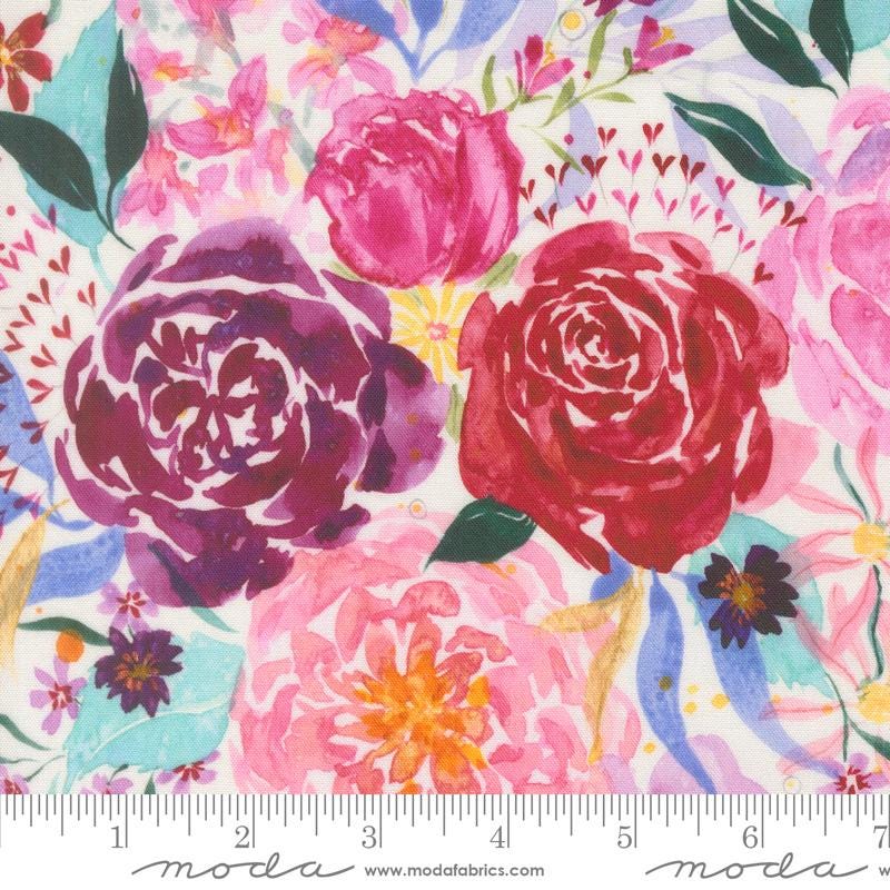 Fleur the Love 5" Charm Pack, Moda 39880PP, Precut 5" Watercolor Purple Teal Pink Floral Fabric Squares, Create Joy Project