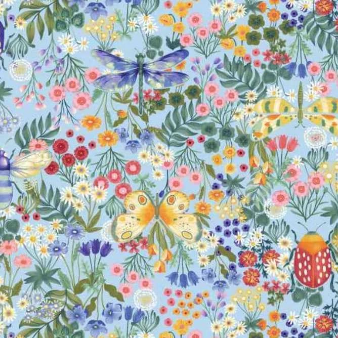 Garden Park 5" Charm Squares, Studio E FB6CPSE-GARDENPARK, 5" Precut Blue Green Floral Butterfly Charm Pack Fabric Squares, Jennifer Brinley