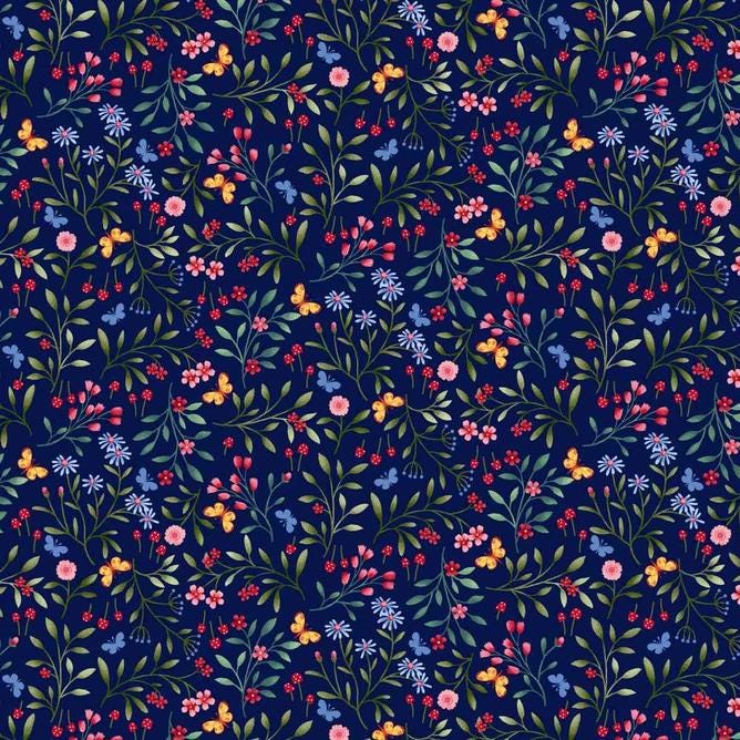 Garden Park 5" Charm Squares, Studio E FB6CPSE-GARDENPARK, 5" Precut Blue Green Floral Butterfly Charm Pack Fabric Squares, Jennifer Brinley