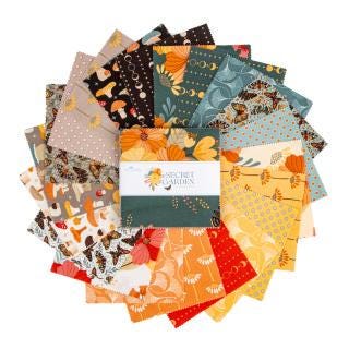 Secret Garden 5" Stacker, Riley Blake 5-18040-42, 5" Precut Teal Yellow Peach Black Floral Mushrooms Moths Fabric Squares, Amanda Castor