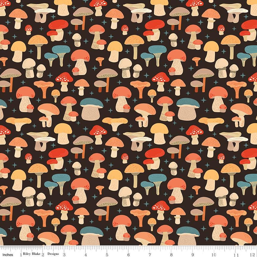 Secret Garden 5" Stacker, Riley Blake 5-18040-42, 5" Precut Teal Yellow Peach Black Floral Mushrooms Moths Fabric Squares, Amanda Castor