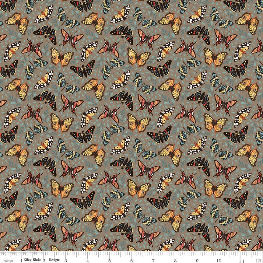 Secret Garden 5" Stacker, Riley Blake 5-18040-42, 5" Precut Teal Yellow Peach Black Floral Mushrooms Moths Fabric Squares, Amanda Castor