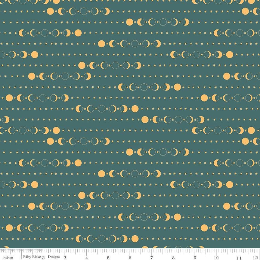 Secret Garden 5" Stacker, Riley Blake 5-18040-42, 5" Precut Teal Yellow Peach Black Floral Mushrooms Moths Fabric Squares, Amanda Castor