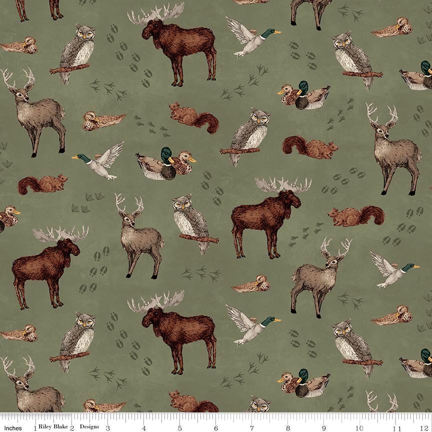 Whispering Pines 5" Stacker, Riley Blake 5-17950-42, Precut 5" Deer Moose Outdoors Nature Masculine Quilt Fabric Squares, RBD