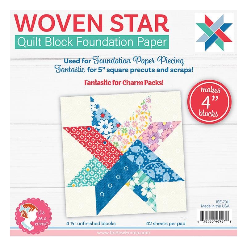 Woven Star 4" Foundation Papers, It's Sew Emma ISE7011, Charm Scrap Friendly Easy Foundation Piecing Papers for Star Quilt Block, Jolly