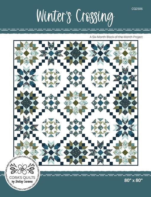 Winter's Crossing Quilt Pattern, Cora's Quilts CQ2506, Yardage Friendly BOM Stars Snowflakes Square Throw Bed Quilt Pattern