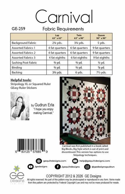 Carnival Quilt Pattern, GE Designs GE259, Fat Quarter FQ Friendly Stripology Squared or XL Ruler Pattern, Gudrun Erla