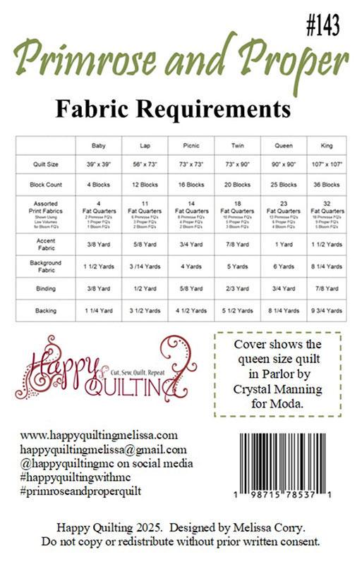Primrose and Proper Quilt Pattern, Happy Quilting HQ143, Fat Quarter FQ Friendly Baby Lap Picnic Twin Queen Square Bed Quilt Pattern