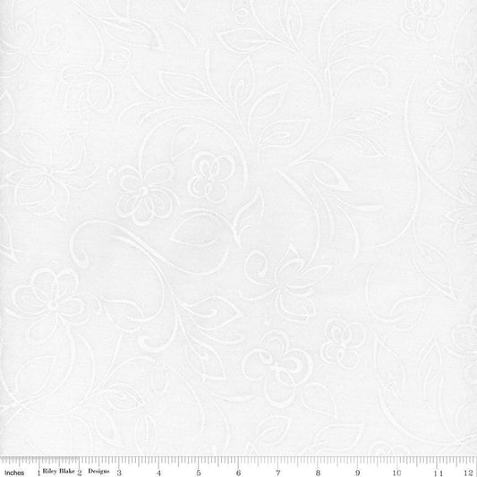 Expressions Batiks Flora Noire - White on White Floral Batik Fabric, Riley Blake BT23683-110 Daisy, By the Yard