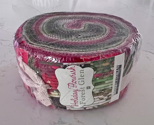 Holiday Flourish Forest Glen 2.5" Roll Up, Robert Kaufman RU-1402-40, Precut 2.5" Gold Metallic Christmas Jelly Roll Fabric Strips