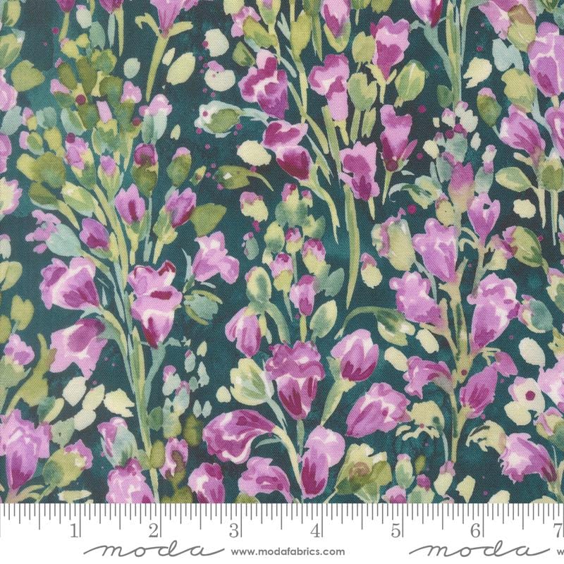Fleur the Love - Purple Lavender Watercolor Florals on Teal Fabric, Moda 39885 15 Dark Teal, Create Joy, By the Yard