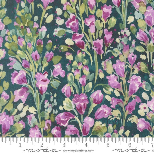 Fleur the Love - Purple Lavender Watercolor Florals on Teal Fabric, Moda 39885 15 Dark Teal, Create Joy, By the Yard