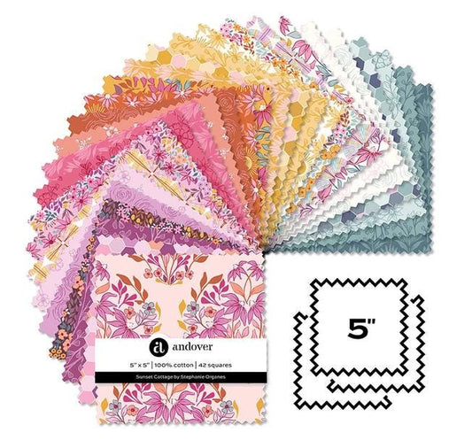 Sunset Cottage 5" Charm Pack, Andover 5-SUNS-42, 5" Precut Pink Blue Purple Yellow Orange Floral Fabric Charm Squares