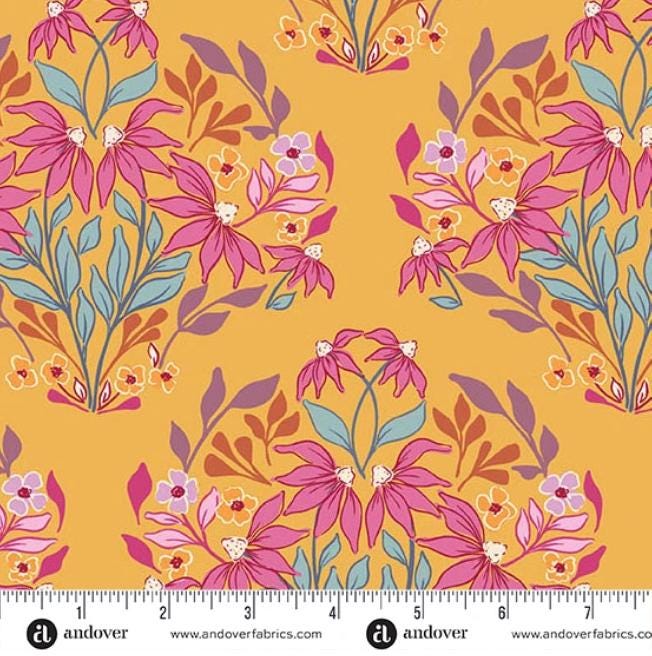 Sunset Cottage 5" Charm Pack, Andover 5-SUNS-42, 5" Precut Pink Blue Purple Yellow Orange Floral Fabric Charm Squares