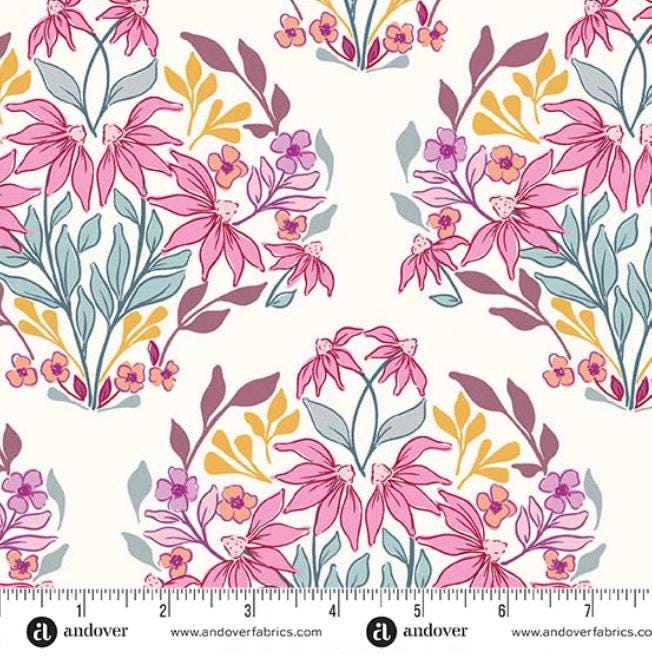 Sunset Cottage 5" Charm Pack, Andover 5-SUNS-42, 5" Precut Pink Blue Purple Yellow Orange Floral Fabric Charm Squares