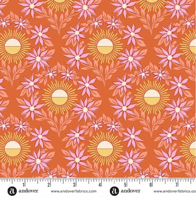 Sunset Cottage 5" Charm Pack, Andover 5-SUNS-42, 5" Precut Pink Blue Purple Yellow Orange Floral Fabric Charm Squares