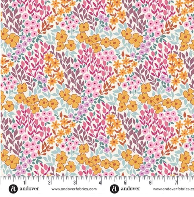 Sunset Cottage 5" Charm Pack, Andover 5-SUNS-42, 5" Precut Pink Blue Purple Yellow Orange Floral Fabric Charm Squares