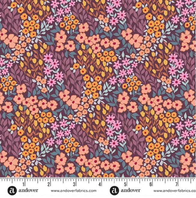 Sunset Cottage 5" Charm Pack, Andover 5-SUNS-42, 5" Precut Pink Blue Purple Yellow Orange Floral Fabric Charm Squares