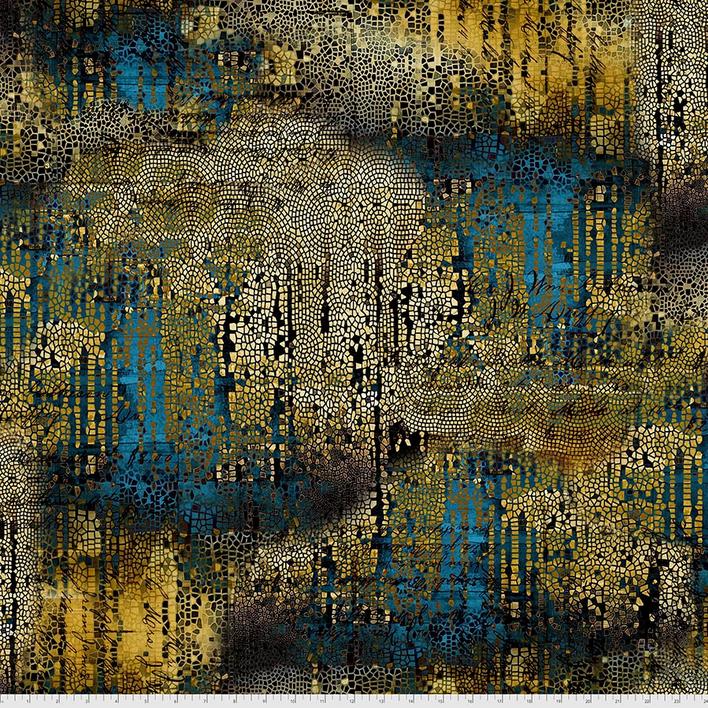 Abandoned - Gilded Mosaic Gold Brown Blue Texture Fabric, Free Spirit PWTH140-GOLD, Modern Contemporary Urban Cotton Fabric, Tim Holtz