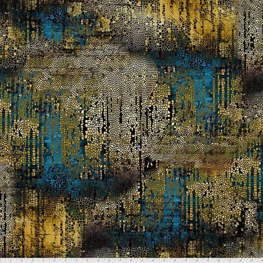 Abandoned - Gilded Mosaic Gold Brown Blue Texture Fabric, Free Spirit PWTH140-GOLD, Modern Contemporary Urban Cotton Fabric, Tim Holtz