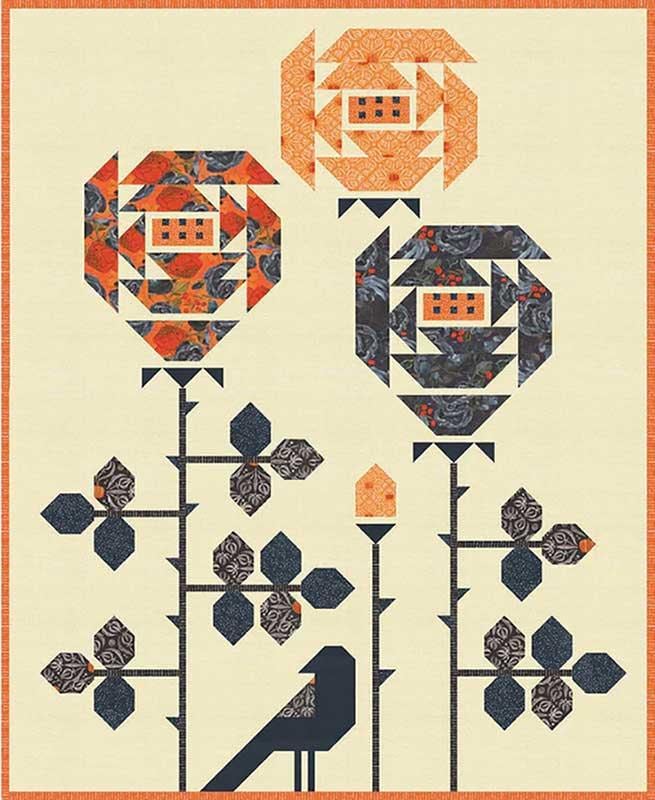 Visitor Among the Roses Quilt Pattern, Robin Pickens RPQPVAR173, FQ Fat Quarter Friendly Halloween Crow Flowers Lap Throw Quilt Pattern
