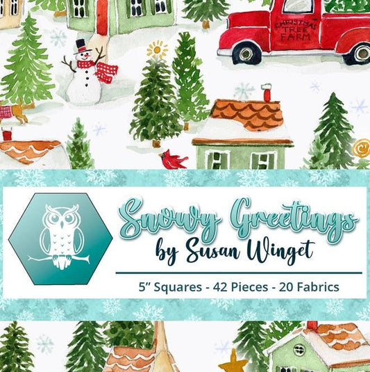 Snowy Greetings 5" Charm Squares, White Owl Fabrics SNOWYGREETINGS-05, 5" Precut Christmas Xmas Floral Quilt Fabric Squares