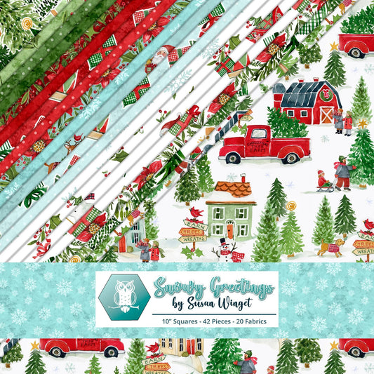 Snowy Greetings 10" Squares, White Owl Fabrics SNOWYGREETINGS-10, Precut 10" Christmas Xmas Farmhouse Quilt Fabric Squares