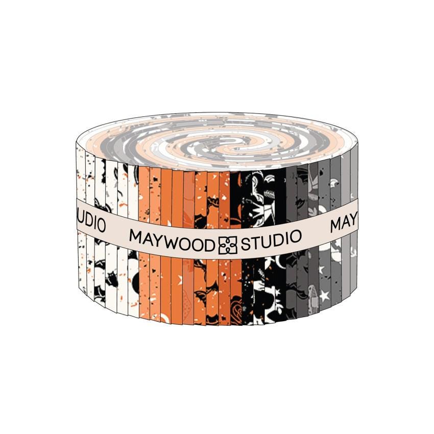 Goth Gardens 2.5" Strips, Maywood Studio ST-MASGOTH, 2.5" Precut Halloween Black Orange Gray White Pumpkins Skeletons Bats Fabric Strips