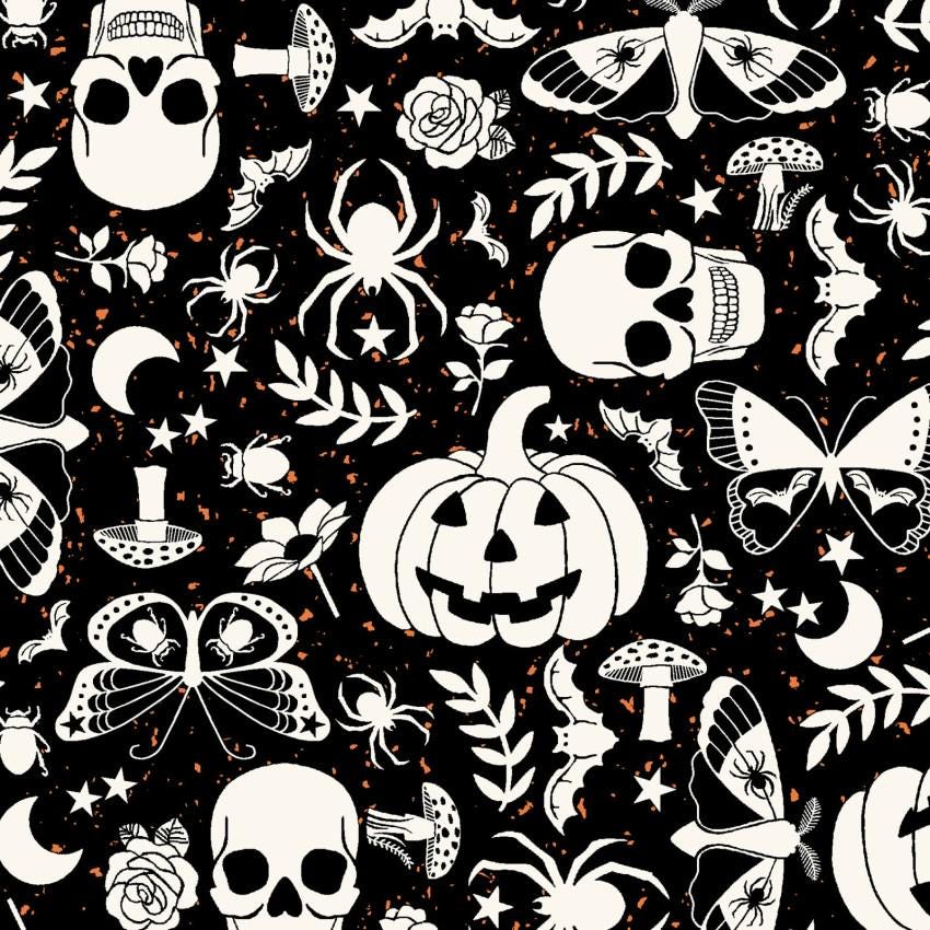 Goth Gardens 2.5" Strips, Maywood Studio ST-MASGOTH, 2.5" Precut Halloween Black Orange Gray White Pumpkins Skeletons Bats Fabric Strips