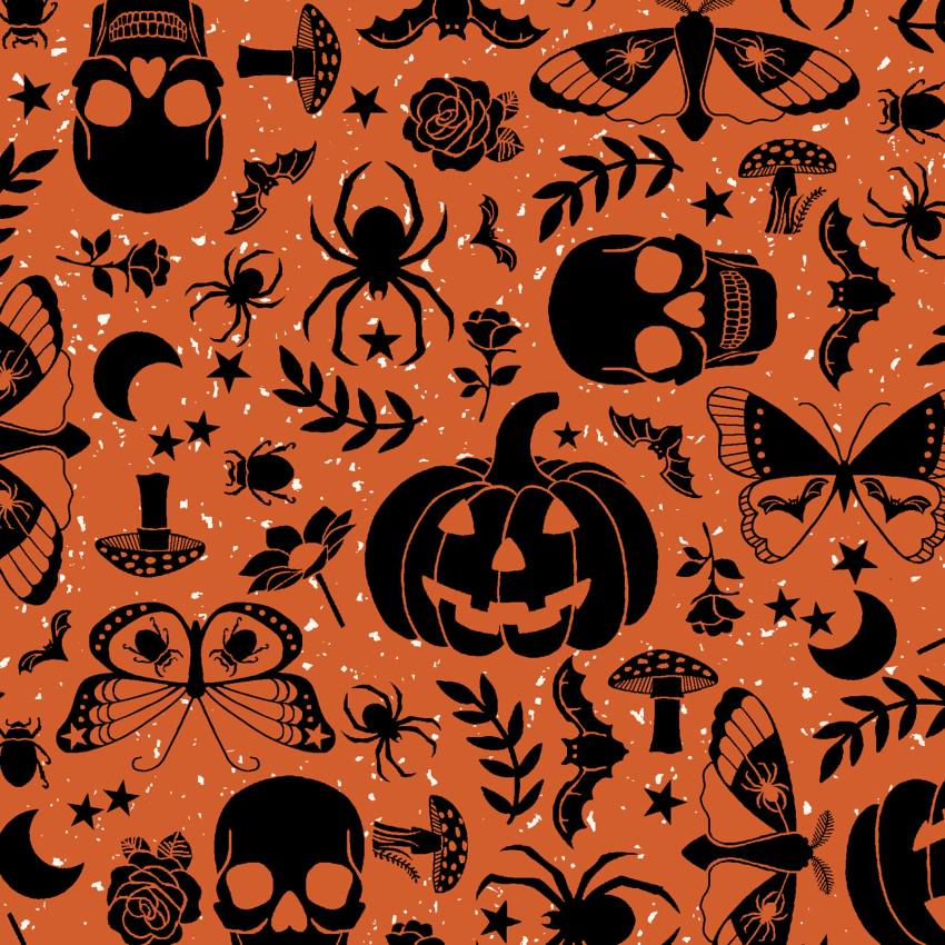 Goth Gardens 2.5" Strips, Maywood Studio ST-MASGOTH, 2.5" Precut Halloween Black Orange Gray White Pumpkins Skeletons Bats Fabric Strips