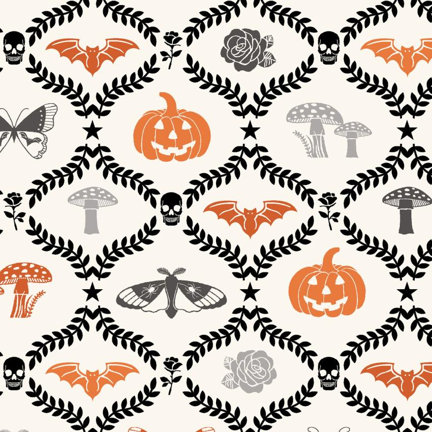 Goth Gardens 2.5" Strips, Maywood Studio ST-MASGOTH, 2.5" Precut Halloween Black Orange Gray White Pumpkins Skeletons Bats Fabric Strips
