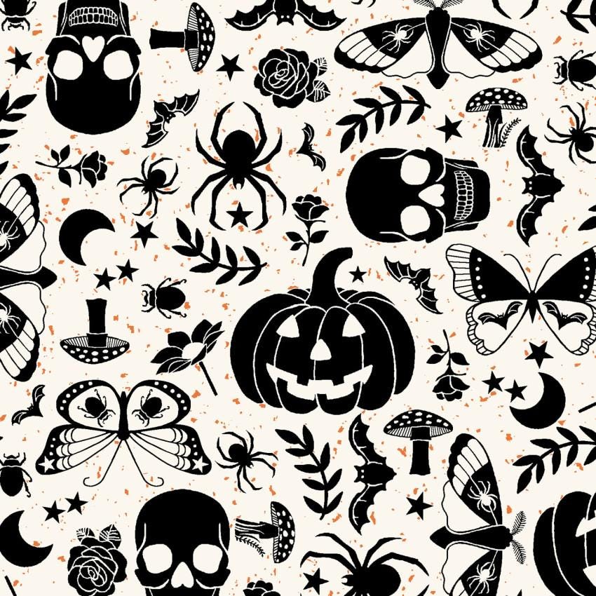Goth Gardens 2.5" Strips, Maywood Studio ST-MASGOTH, 2.5" Precut Halloween Black Orange Gray White Pumpkins Skeletons Bats Fabric Strips