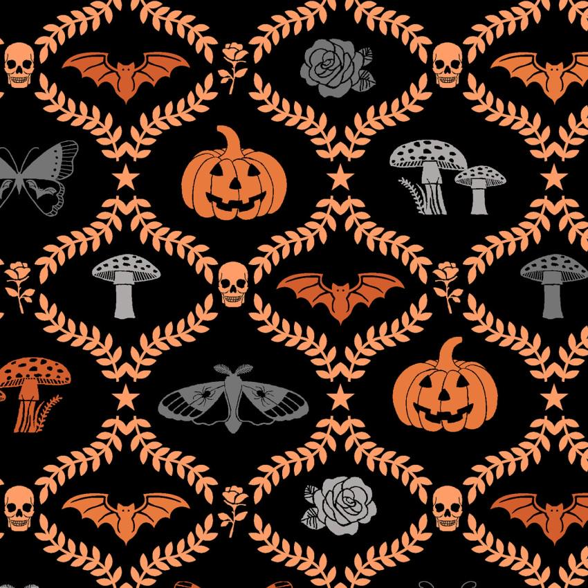 Goth Gardens 2.5" Strips, Maywood Studio ST-MASGOTH, 2.5" Precut Halloween Black Orange Gray White Pumpkins Skeletons Bats Fabric Strips