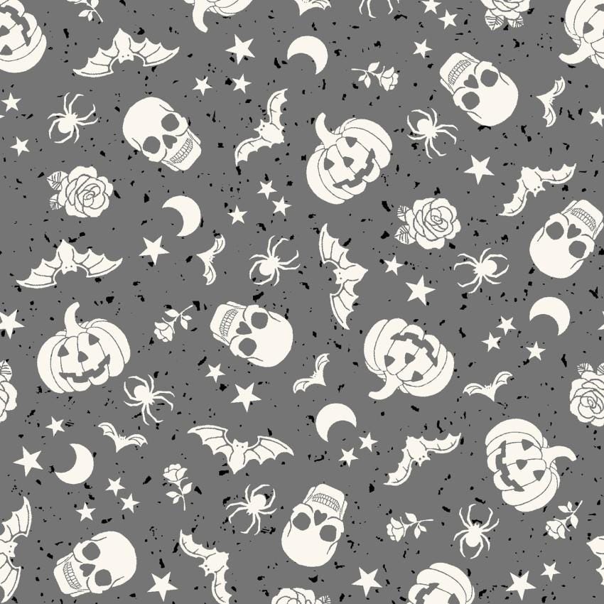 Goth Gardens 2.5" Strips, Maywood Studio ST-MASGOTH, 2.5" Precut Halloween Black Orange Gray White Pumpkins Skeletons Bats Fabric Strips