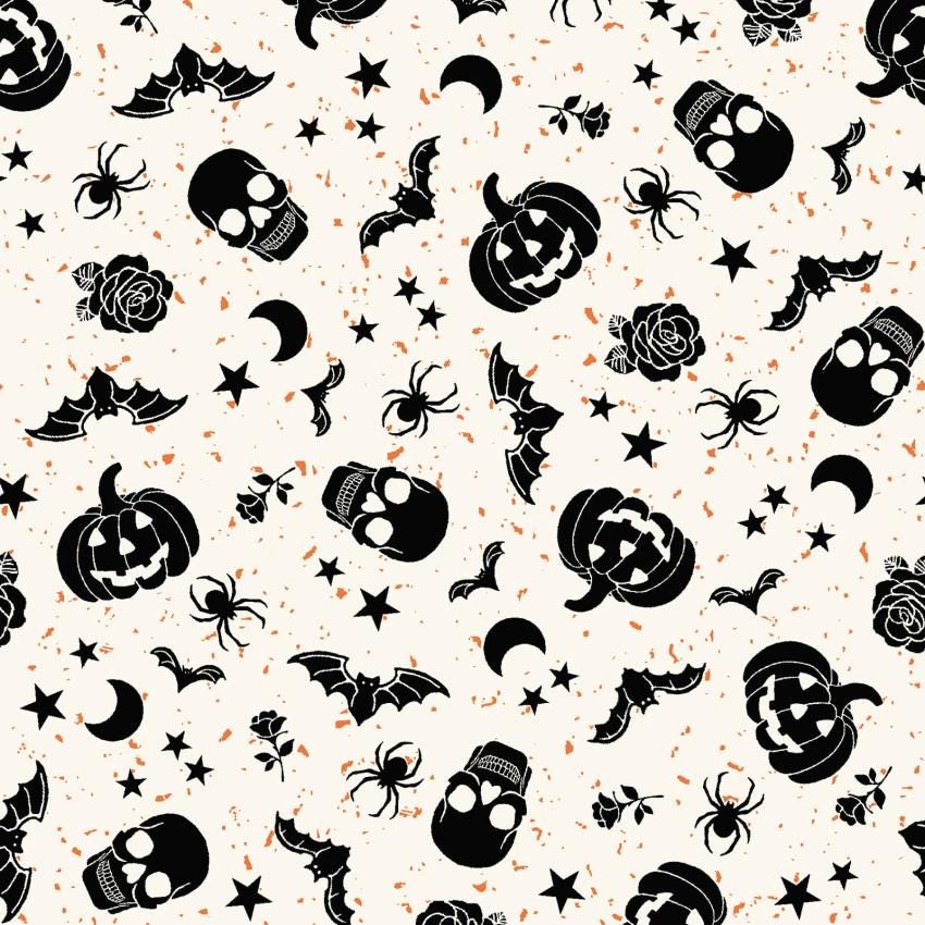 Goth Gardens 2.5" Strips, Maywood Studio ST-MASGOTH, 2.5" Precut Halloween Black Orange Gray White Pumpkins Skeletons Bats Fabric Strips