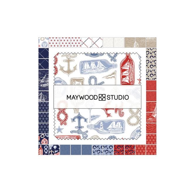 Regatta Days 5" Charm Pack, Maywood Studio CP-MASREDA, 5" Precut Red White Blue Tan Nautical Sailboats Quilt Fabric Squares