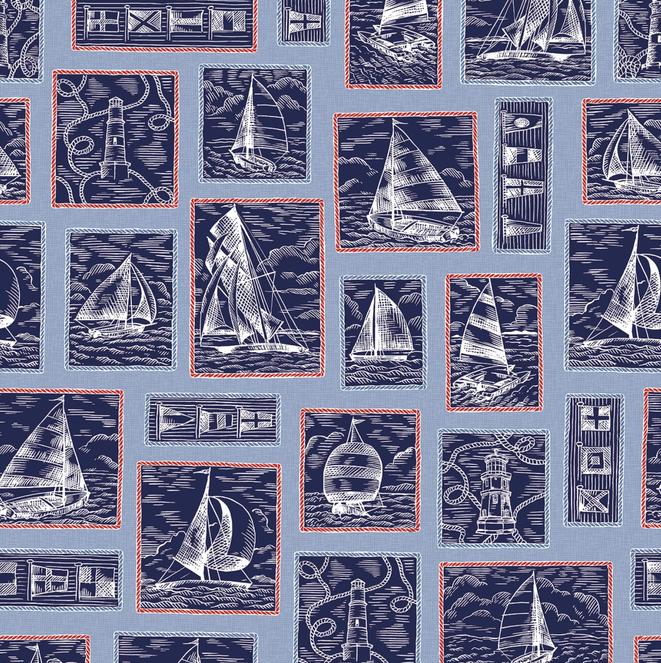 Regatta Days 5" Charm Pack, Maywood Studio CP-MASREDA, 5" Precut Red White Blue Tan Nautical Sailboats Quilt Fabric Squares