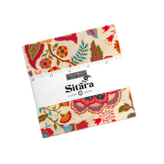 Sitara 5" Charm Pack, Moda 11980PP, Pink Teal Green Floral Charm Pack Fabric, 5" Precut Fabric Squares, Crystal Manning