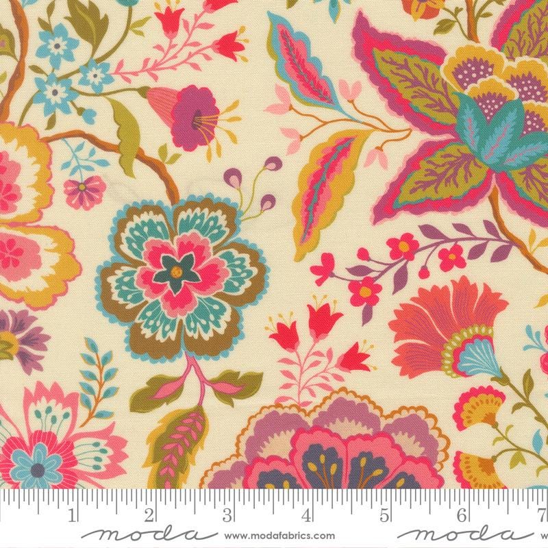 Sitara 5" Charm Pack, Moda 11980PP, Pink Teal Green Floral Charm Pack Fabric, 5" Precut Fabric Squares, Crystal Manning