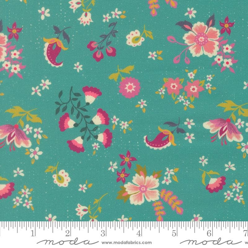 Sitara 5" Charm Pack, Moda 11980PP, Pink Teal Green Floral Charm Pack Fabric, 5" Precut Fabric Squares, Crystal Manning
