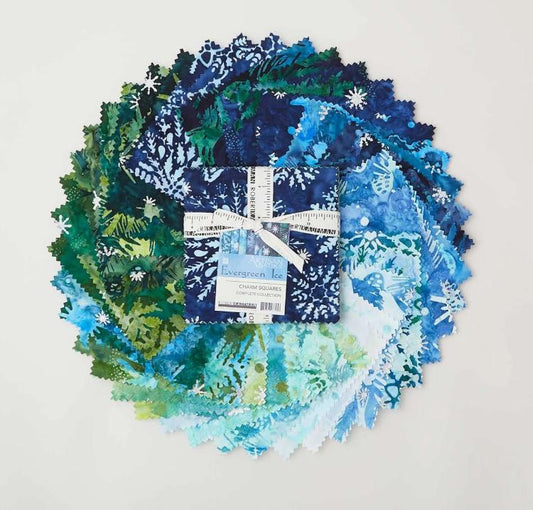 Artisan Batiks - Evergreen Ice 5" Charm Squares, Robert Kaufman CHS-1389-42, Christmas Winter Metallic Blue Green Batik Fabric Square